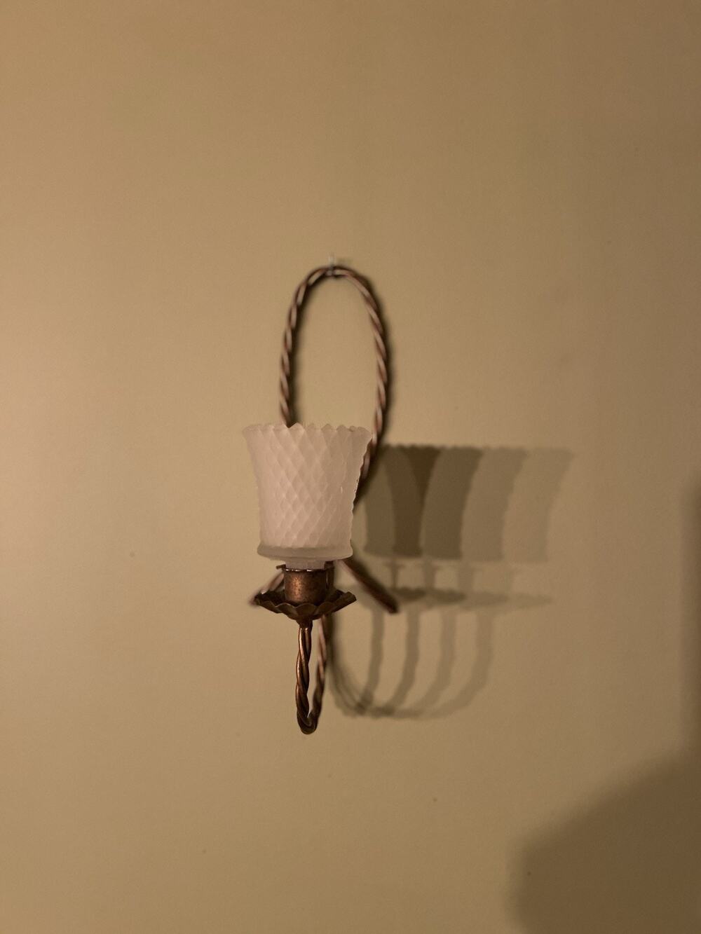 2 VTG Gold Twisted Rope Wall Sconce Candle Holders w/Hobnail Frost Glass Votives